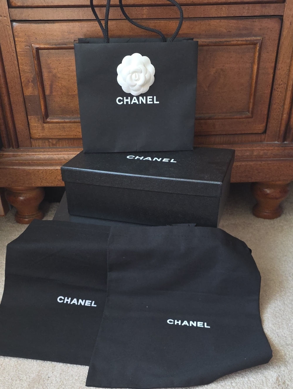 Chanel Boxes, Ribbons, Bag,  Dustbags
